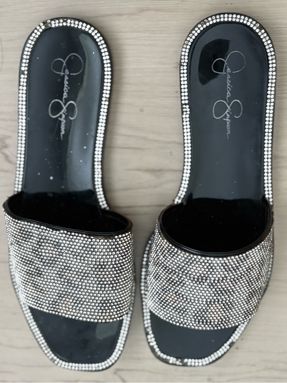 Jessica Simpson Black and Silver Embellished Slide Sandals